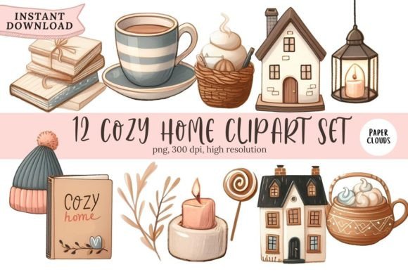 12 Cozy Hygge Home Elements Clipart Set: Add Warmth and Comfort to Your Designs