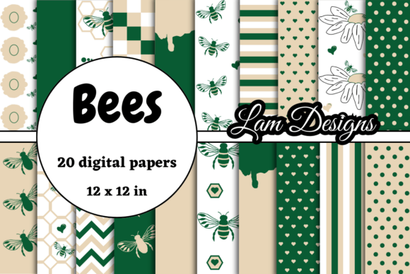 Beige and Green Bees Digital Papers