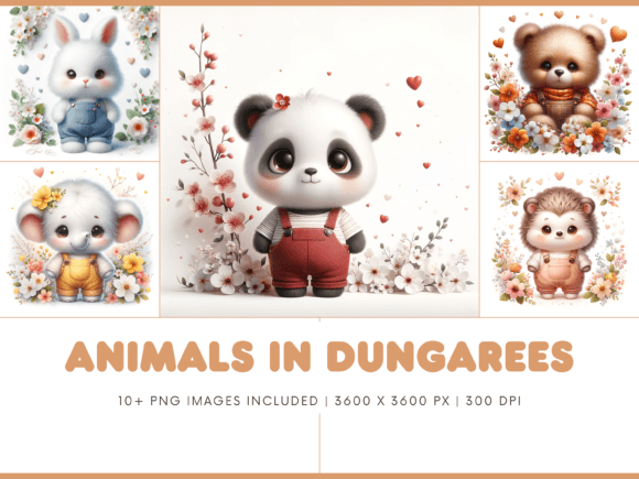 Cute Floral Animals in Dungarees PNG for Creative Projects