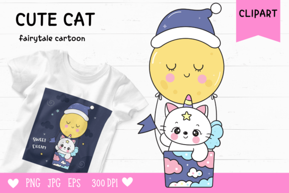 Cute Unicorn Cat on Moon Balloon Kawaii