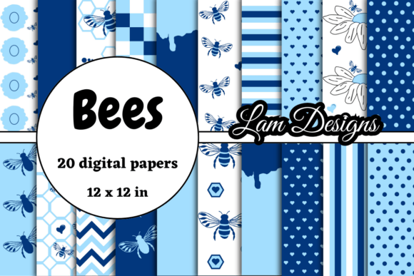 Dark and Light Blue Bees Digital Papers: A Creative Resource for Modern Designers