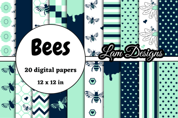 Dark Blue and Mint Bees Digital Papers: A Creative Solution for Bee-Themed Projects